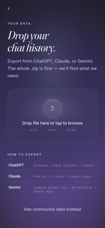Import: drop the export, nothing leaves the phone